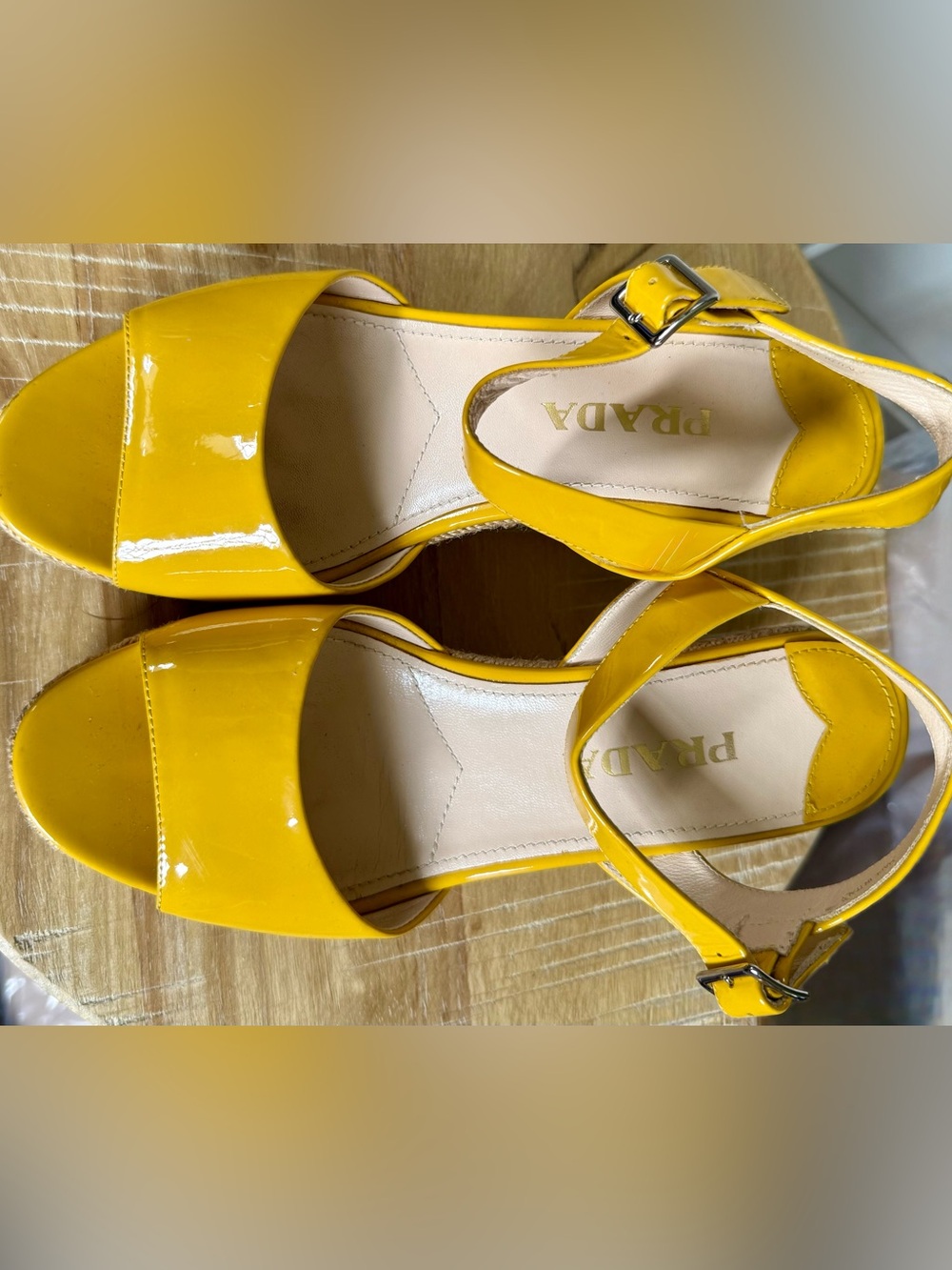 Worn once!!! Prada Yellow Patent Leather Ankle-Strap Wedge Sandals - Size 6 💛
